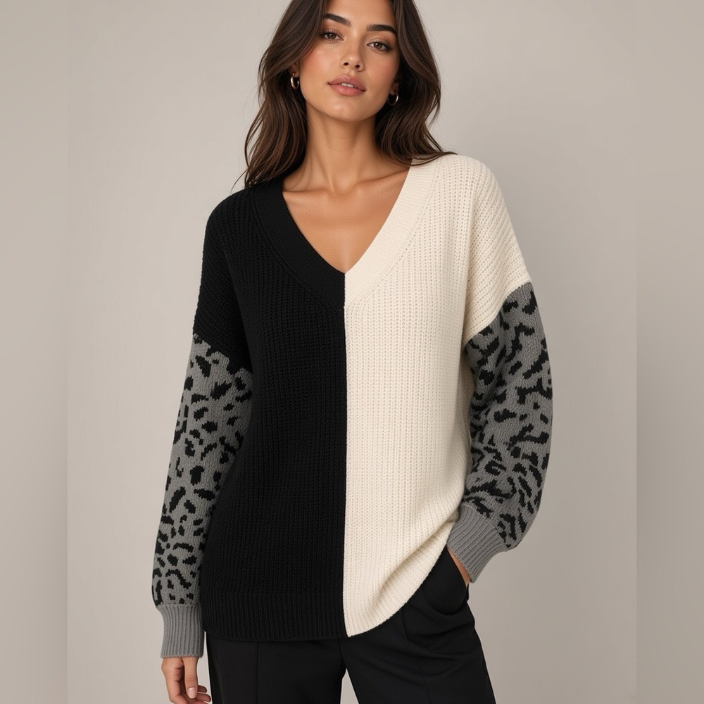 Dorose Colorblock V-Neck Sweater with Gray Leopard Print Sleeves Sz Large